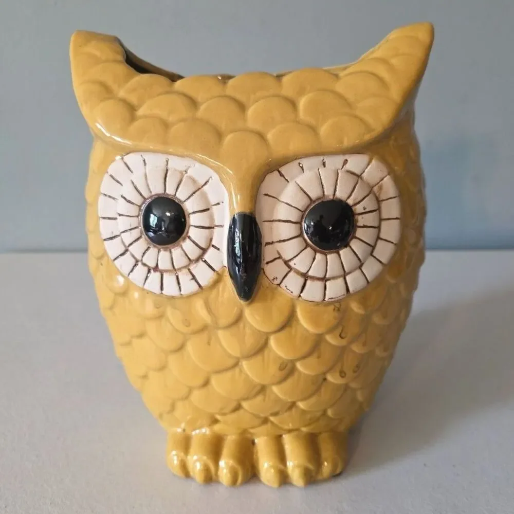 Vintage Yellow Ceramic Owl Planter 9.5” Tall Mid Century Pottery Vase